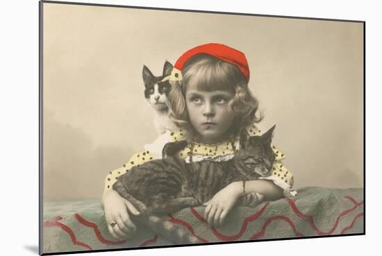 Girl with Red Tam and Two Cats-null-Mounted Art Print