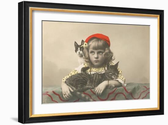 Girl with Red Tam and Two Cats-null-Framed Art Print