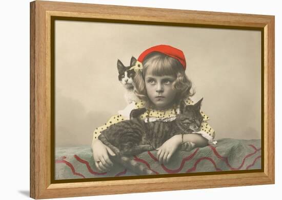 Girl with Red Tam and Two Cats-null-Framed Stretched Canvas