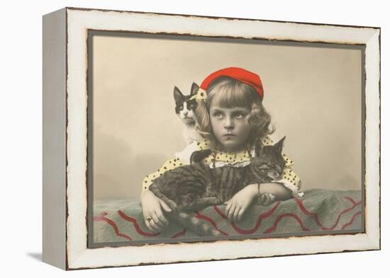 Girl with Red Tam and Two Cats-null-Framed Stretched Canvas