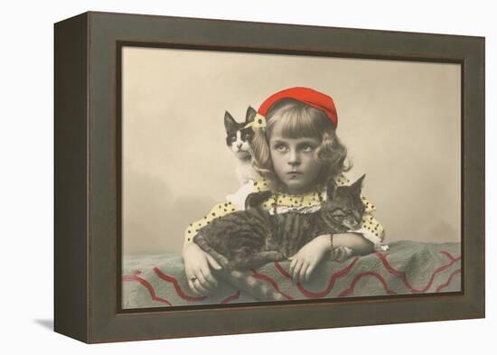 Girl with Red Tam and Two Cats-null-Framed Stretched Canvas