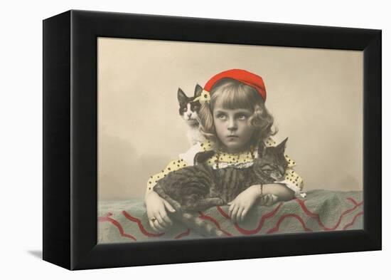 Girl with Red Tam and Two Cats-null-Framed Stretched Canvas