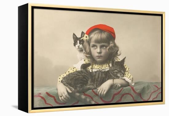 Girl with Red Tam and Two Cats-null-Framed Stretched Canvas