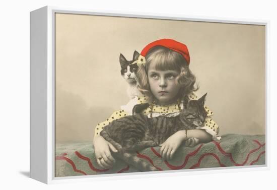 Girl with Red Tam and Two Cats-null-Framed Stretched Canvas