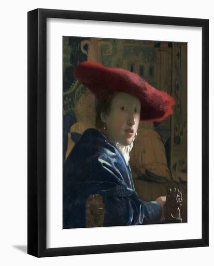 Girl with the Red Hat, by Johannes Vermeer, c. 1665-66, Dutch painting,-Johannes Vermeer-Framed Premium Giclee Print