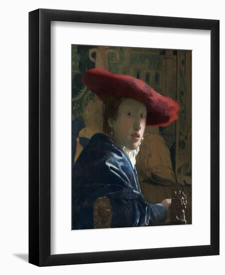 Girl with the Red Hat, by Johannes Vermeer, c. 1665-66, Dutch painting,-Johannes Vermeer-Framed Art Print