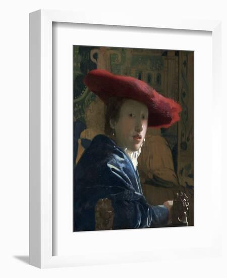 Girl with the Red Hat, by Johannes Vermeer, c. 1665-66, Dutch painting,-Johannes Vermeer-Framed Art Print