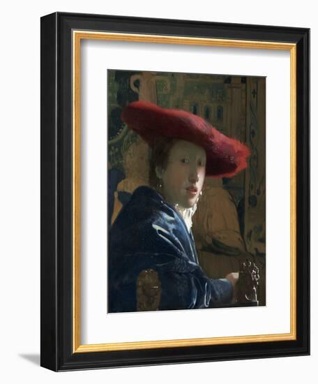 Girl with the Red Hat, by Johannes Vermeer, c. 1665-66, Dutch painting,-Johannes Vermeer-Framed Art Print