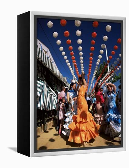 Girls Dancing a Sevillana Beneath Colourful Lanterns, Feria De Abril, Seville, Andalucia, Spain-Ruth Tomlinson-Framed Premier Image Canvas