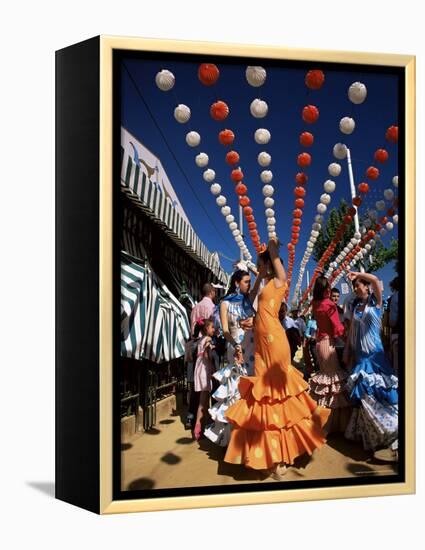 Girls Dancing a Sevillana Beneath Colourful Lanterns, Feria De Abril, Seville, Andalucia, Spain-Ruth Tomlinson-Framed Premier Image Canvas
