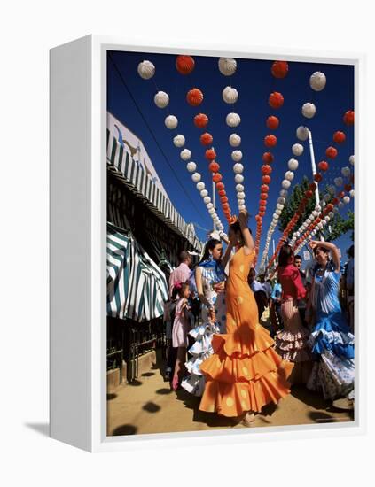 Girls Dancing a Sevillana Beneath Colourful Lanterns, Feria De Abril, Seville, Andalucia, Spain-Ruth Tomlinson-Framed Premier Image Canvas