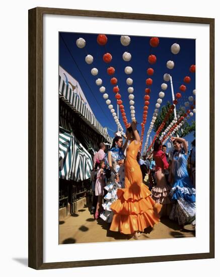 Girls Dancing a Sevillana Beneath Colourful Lanterns, Feria De Abril, Seville, Andalucia, Spain-Ruth Tomlinson-Framed Photographic Print