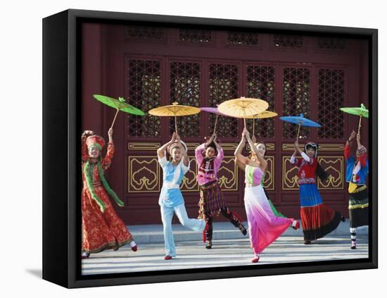 Girls Dancing with Coourful Parasols at the Ethnic Minorities Park, Beijing, China, Asia-Christian Kober-Framed Premier Image Canvas