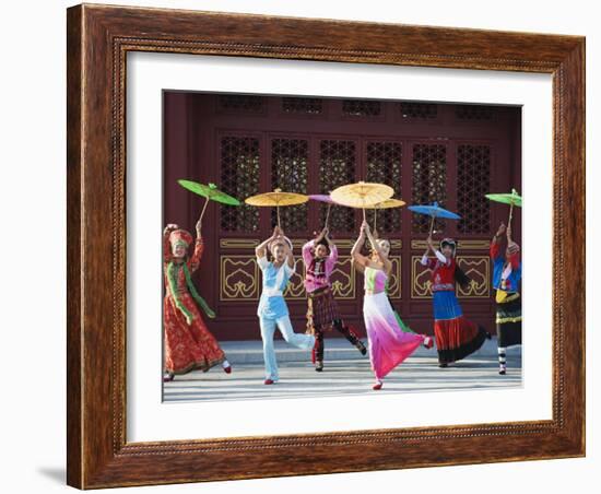 Girls Dancing with Coourful Parasols at the Ethnic Minorities Park, Beijing, China, Asia-Christian Kober-Framed Photographic Print