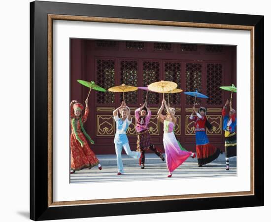 Girls Dancing with Coourful Parasols at the Ethnic Minorities Park, Beijing, China, Asia-Christian Kober-Framed Photographic Print