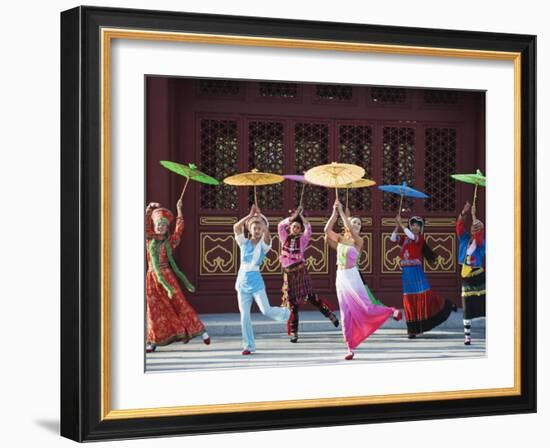 Girls Dancing with Coourful Parasols at the Ethnic Minorities Park, Beijing, China, Asia-Christian Kober-Framed Photographic Print