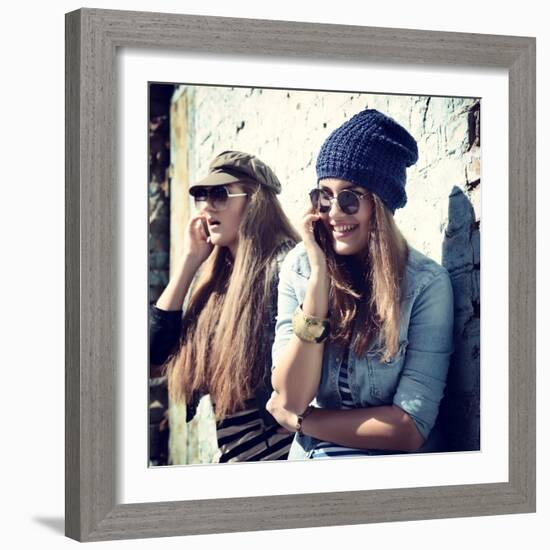 Girls Having Fun Together Outdoors and Calling Smart Phone-khorzhevska-Framed Photographic Print