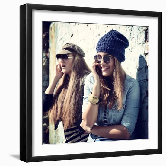 Girls Having Fun Together Outdoors and Calling Smart Phone-khorzhevska-Framed Photographic Print