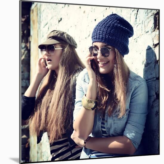 Girls Having Fun Together Outdoors and Calling Smart Phone-khorzhevska-Mounted Photographic Print