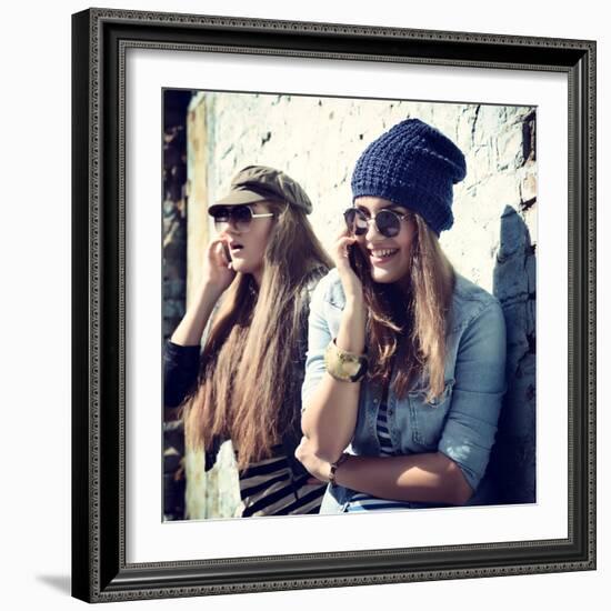 Girls Having Fun Together Outdoors and Calling Smart Phone-khorzhevska-Framed Photographic Print