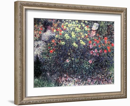 Girls in a Solid Mass of Dahlias, 1875-Claude Monet-Framed Giclee Print