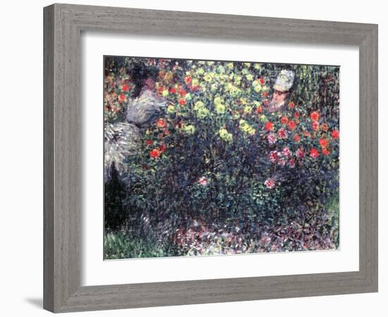 Girls in a Solid Mass of Dahlias, 1875-Claude Monet-Framed Giclee Print