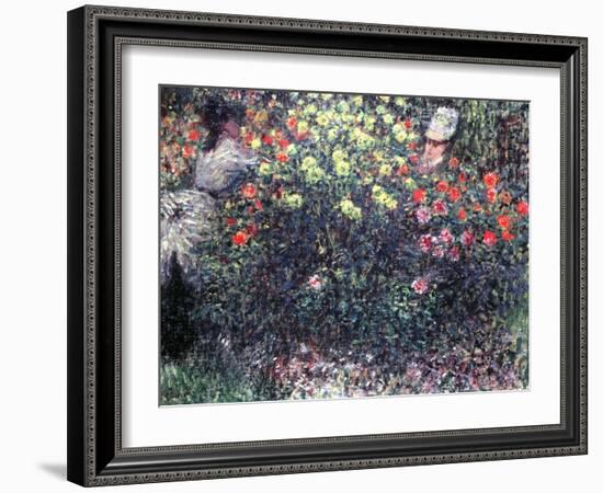 Girls in a Solid Mass of Dahlias, 1875-Claude Monet-Framed Giclee Print