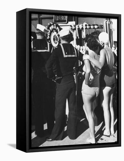 Girls in Bathing Suits Standing on Boardwalk with Sailors Who are on Leave-Peter Stackpole-Framed Premier Image Canvas