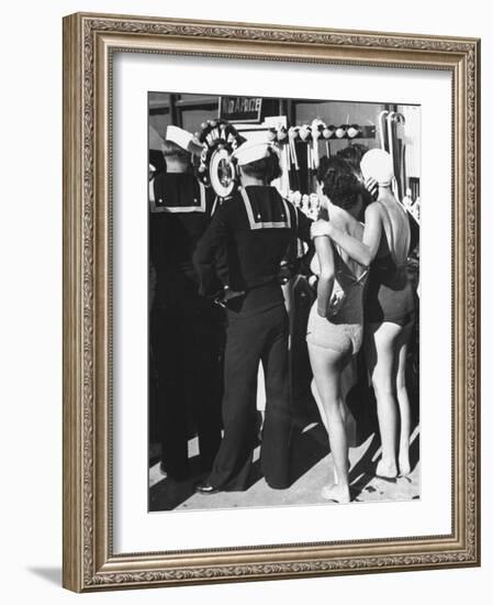 Girls in Bathing Suits Standing on Boardwalk with Sailors Who are on Leave-Peter Stackpole-Framed Photographic Print