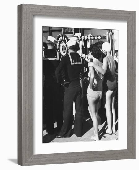 Girls in Bathing Suits Standing on Boardwalk with Sailors Who are on Leave-Peter Stackpole-Framed Photographic Print