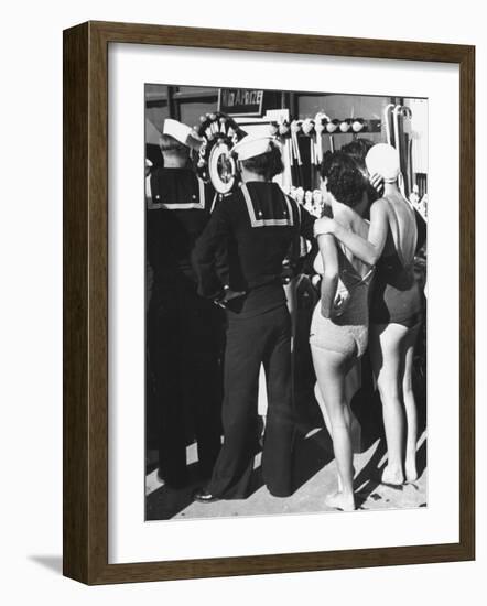 Girls in Bathing Suits Standing on Boardwalk with Sailors Who are on Leave-Peter Stackpole-Framed Photographic Print