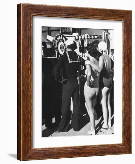 Girls in Bathing Suits Standing on Boardwalk with Sailors Who are on Leave-Peter Stackpole-Framed Photographic Print