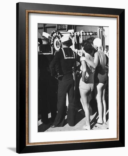 Girls in Bathing Suits Standing on Boardwalk with Sailors Who are on Leave-Peter Stackpole-Framed Photographic Print