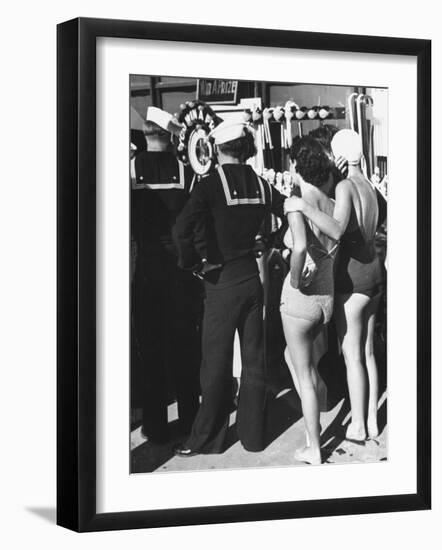 Girls in Bathing Suits Standing on Boardwalk with Sailors Who are on Leave-Peter Stackpole-Framed Photographic Print