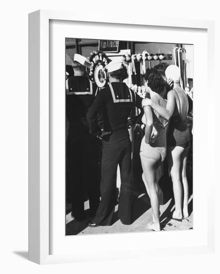 Girls in Bathing Suits Standing on Boardwalk with Sailors Who are on Leave-Peter Stackpole-Framed Photographic Print