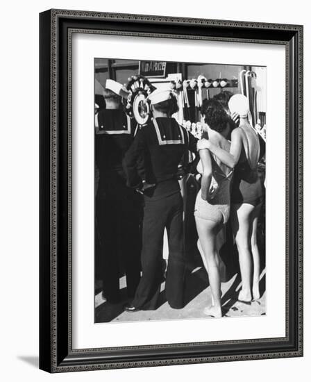 Girls in Bathing Suits Standing on Boardwalk with Sailors Who are on Leave-Peter Stackpole-Framed Photographic Print