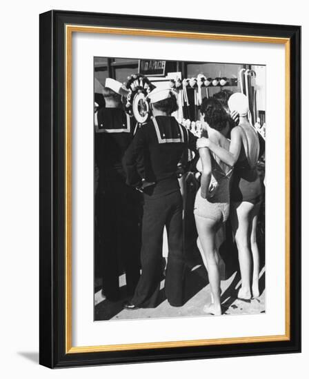 Girls in Bathing Suits Standing on Boardwalk with Sailors Who are on Leave-Peter Stackpole-Framed Photographic Print