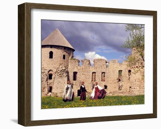 Girls in Traditional Dress Singing and Dancing in Spring-time Dandelion Fields, Latvia-Janis Miglavs-Framed Photographic Print