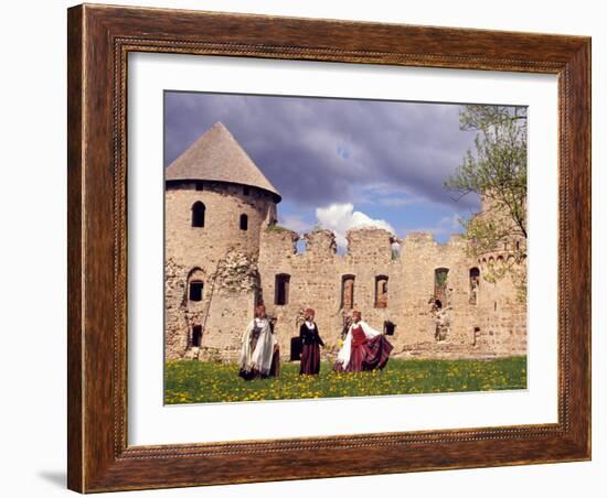 Girls in Traditional Dress Singing and Dancing in Spring-time Dandelion Fields, Latvia-Janis Miglavs-Framed Photographic Print