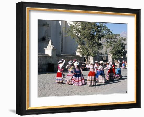 Girls in Traditional Local Dress Dancing in Square at Yanque Village, Colca Canyon, Peru-Tony Waltham-Framed Photographic Print