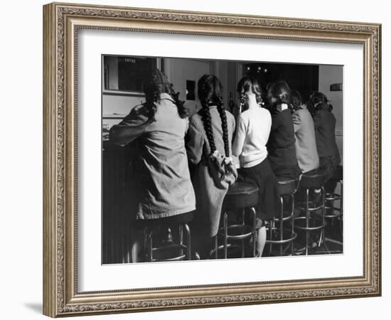 Girls Known as "Pigtailers" Sitting on Stools at Soda Fountain-Frank Scherschel-Framed Photographic Print