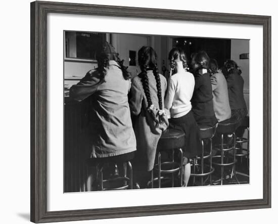 Girls Known as "Pigtailers" Sitting on Stools at Soda Fountain-Frank Scherschel-Framed Photographic Print