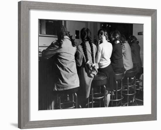 Girls Known as "Pigtailers" Sitting on Stools at Soda Fountain-Frank Scherschel-Framed Photographic Print