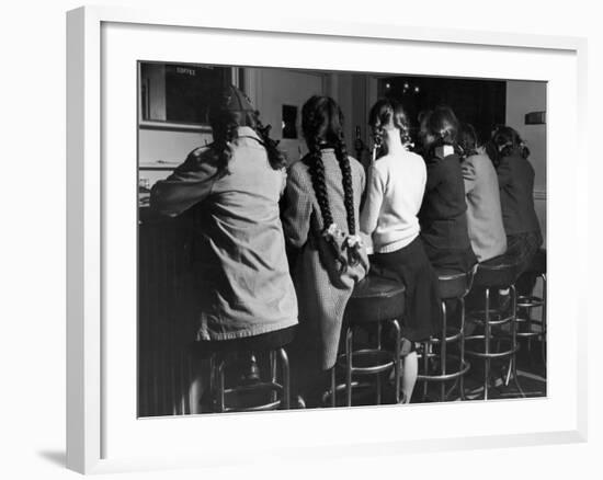 Girls Known as "Pigtailers" Sitting on Stools at Soda Fountain-Frank Scherschel-Framed Photographic Print