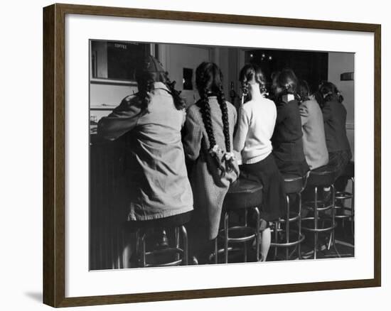 Girls Known as "Pigtailers" Sitting on Stools at Soda Fountain-Frank Scherschel-Framed Photographic Print