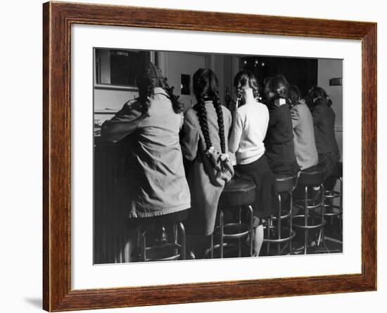 Girls Known as "Pigtailers" Sitting on Stools at Soda Fountain-Frank Scherschel-Framed Photographic Print