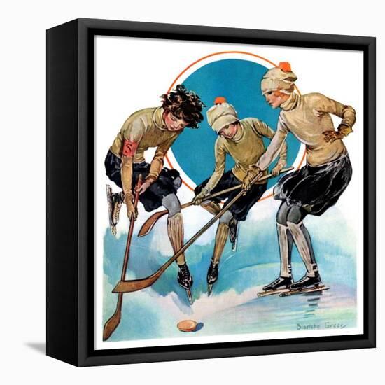 "Girls Playing Ice Hockey,"February 23, 1929-Blanche Greer-Framed Premier Image Canvas