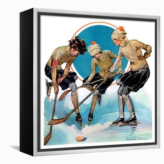 "Girls Playing Ice Hockey,"February 23, 1929-Blanche Greer-Framed Premier Image Canvas