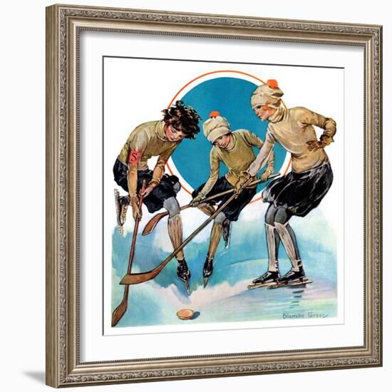 "Girls Playing Ice Hockey,"February 23, 1929-Blanche Greer-Framed Giclee Print