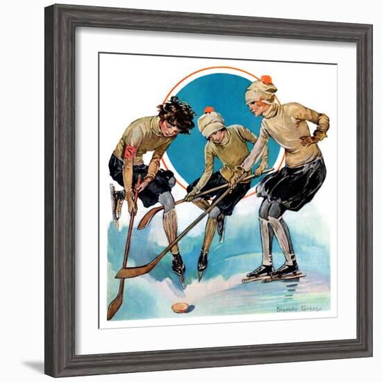 "Girls Playing Ice Hockey,"February 23, 1929-Blanche Greer-Framed Giclee Print